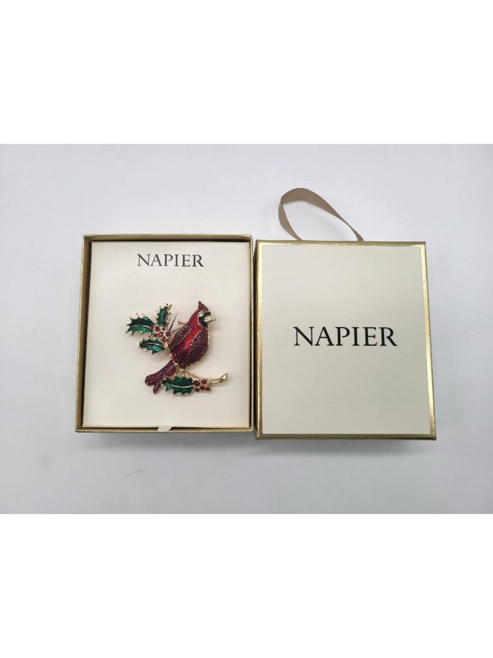 Napier Cardinal Holly Branch Holiday Christmas Rememberance Pin Brooch Red Gold